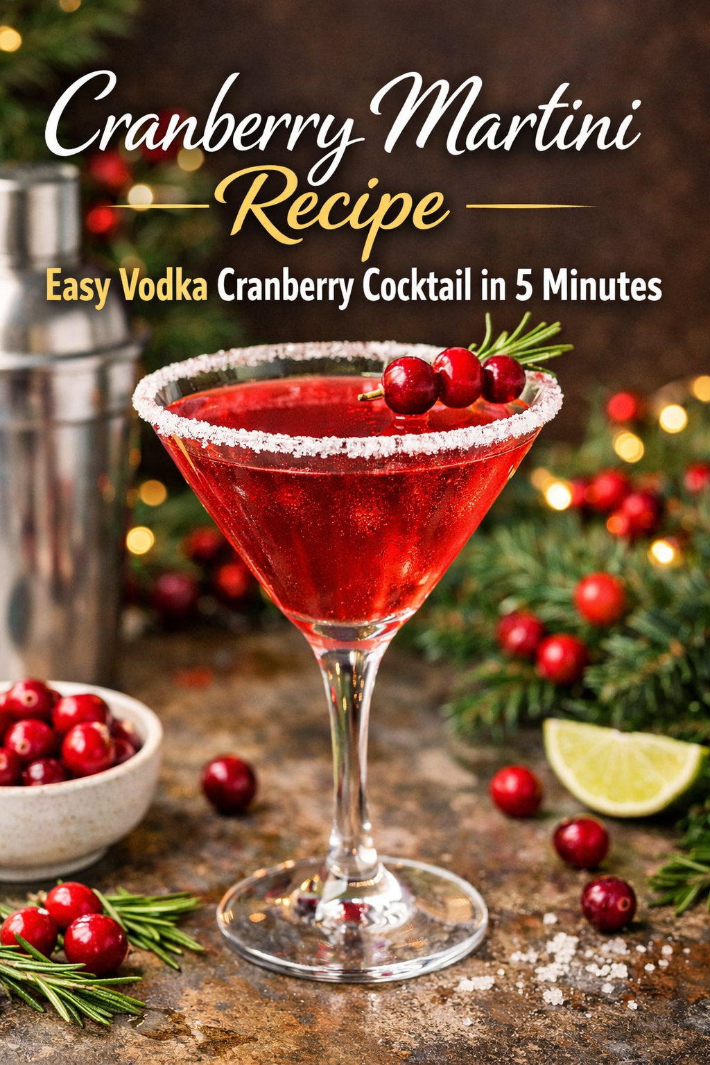 Cranberry Martini Recipe – red vodka cranberry cocktail in a martini glass with fresh cranberries and rosemary garnish