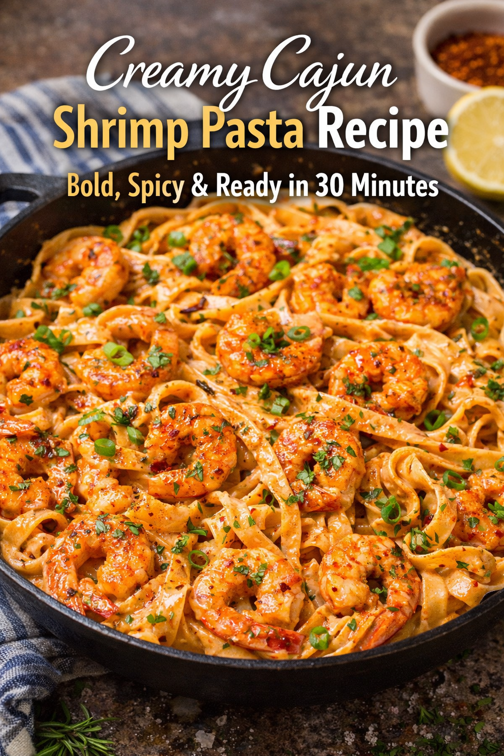 Creamy Cajun Shrimp Pasta recipe with spicy shrimp, fettuccine pasta, and rich Cajun cream sauce