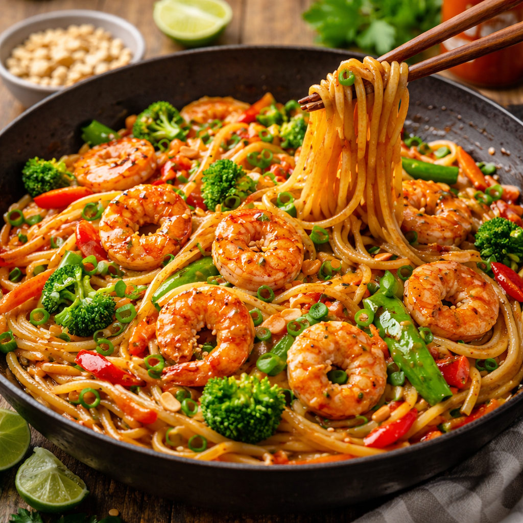 Shrimp Stir-Fry Noodles with Creamy Peanut Sauce