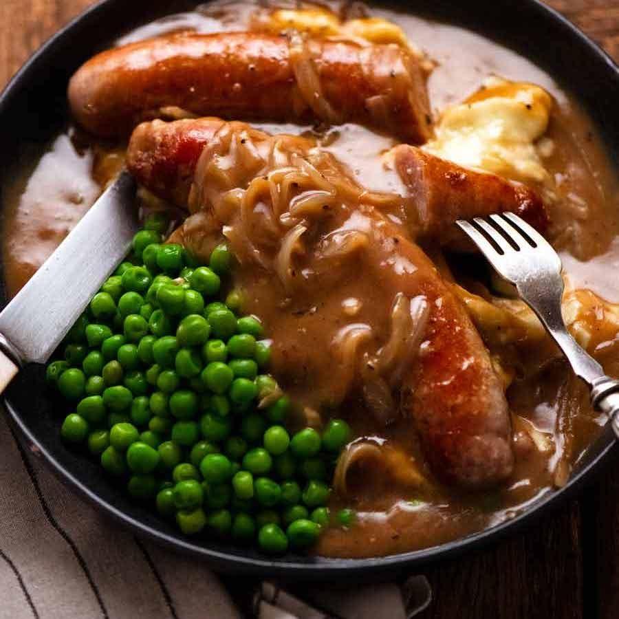 True Bangers and Mash with Onion Gravy and Creamy