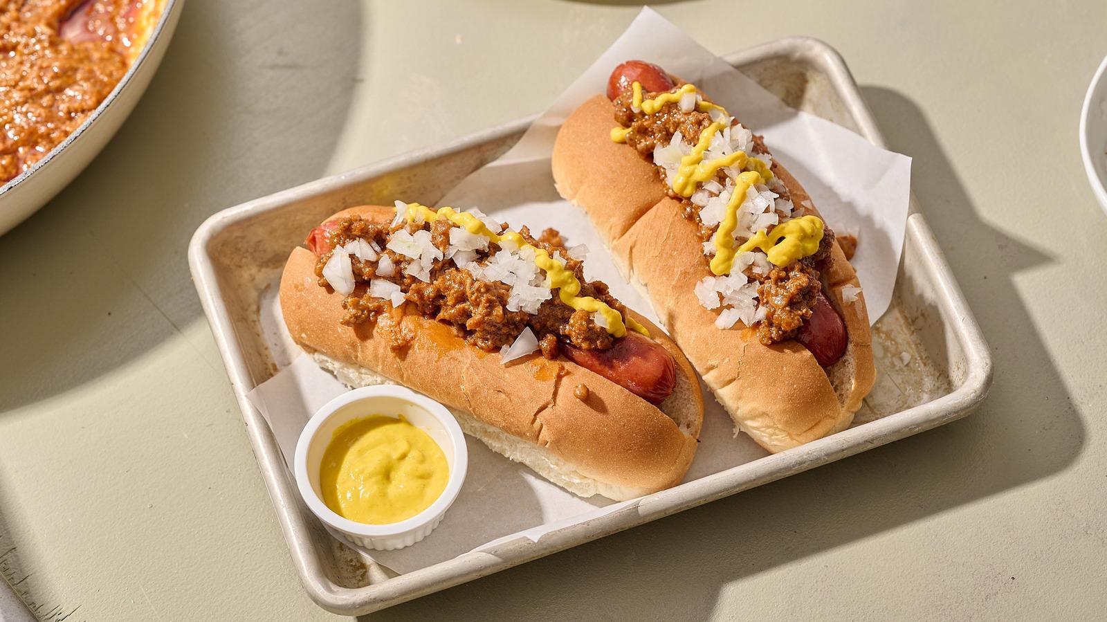 Coney Island Hot Dogs with Savory Chili Sauce, Mustard