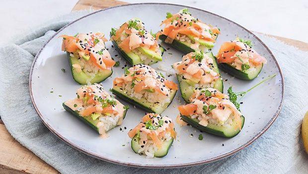 Salmon-Avocado Cucumber Sushi Boats: Fresh, Healthy and Flavor-Packed Cucumber Boats with Salmon, Avocado, Sushi Rice and Spicy Mayo